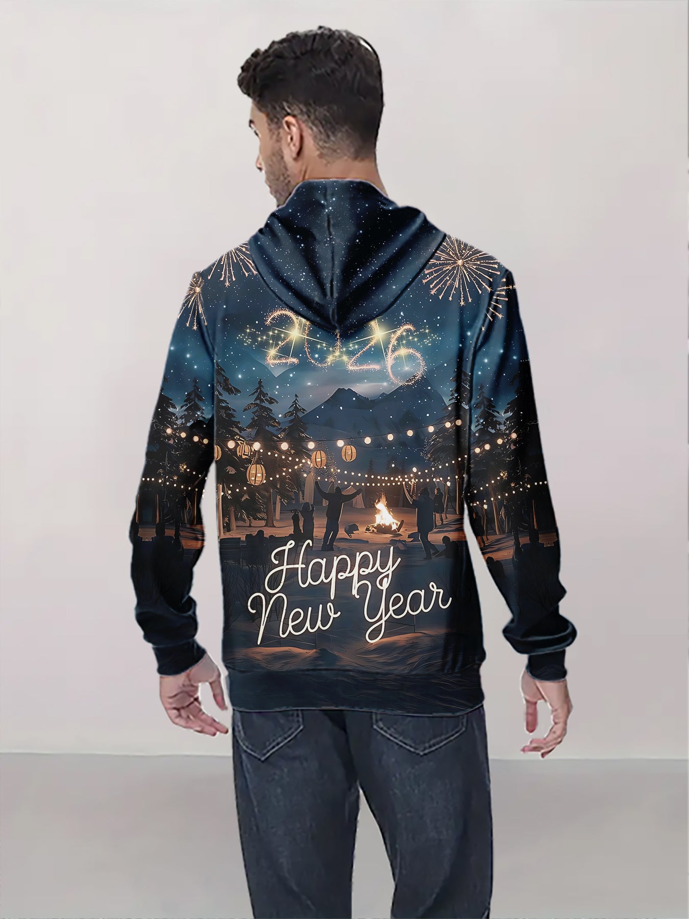 Men'S 2026 New Year'S Eve Bonfire Fireworks Hooded Sweatshirt - 100% Polyester, Sporty & Functional Style with Happy New Year Print, Casual Pullover for Fitness & Outdoor, New Year Sweatshirt, Outdoor Clothing, Sporty Design,