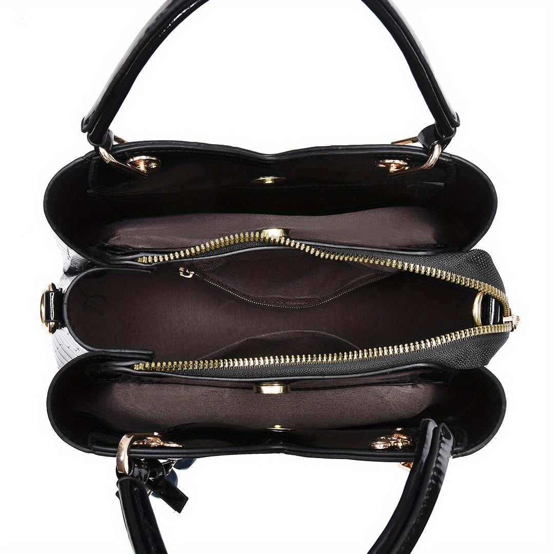 2022 Newest Trendy Women'S Faux Crocodile-Texture Handbag with Cherry Pendant - Stylish Black And Red Shoulder And Handbag, Zip Closure, Polyester Lining, Edge Paint Detail, Handbag|Chic Handbag|Zippered Bag