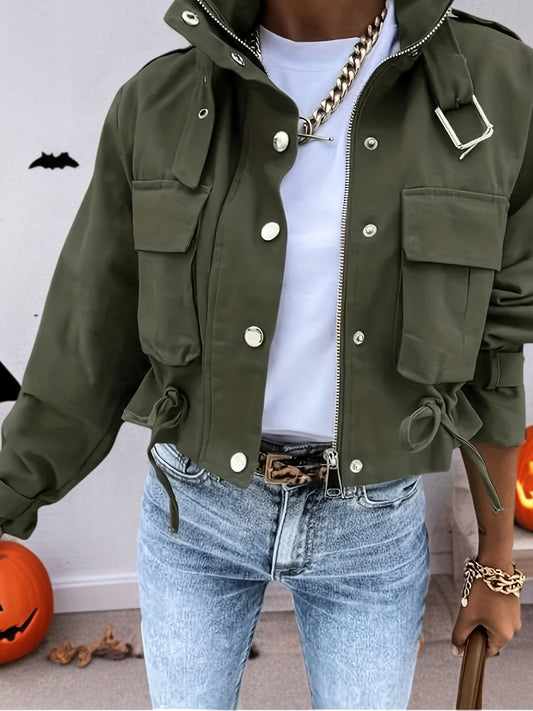 Գարնանային և աշնանային կանացի բազմագրպան աշխատանքային բաճկոն, կանգնած օձիքի դիզայնով և լարով գոտկատեղի համար - բազմակողմանի նորաձև վերարկու տարբեր առիթների համար