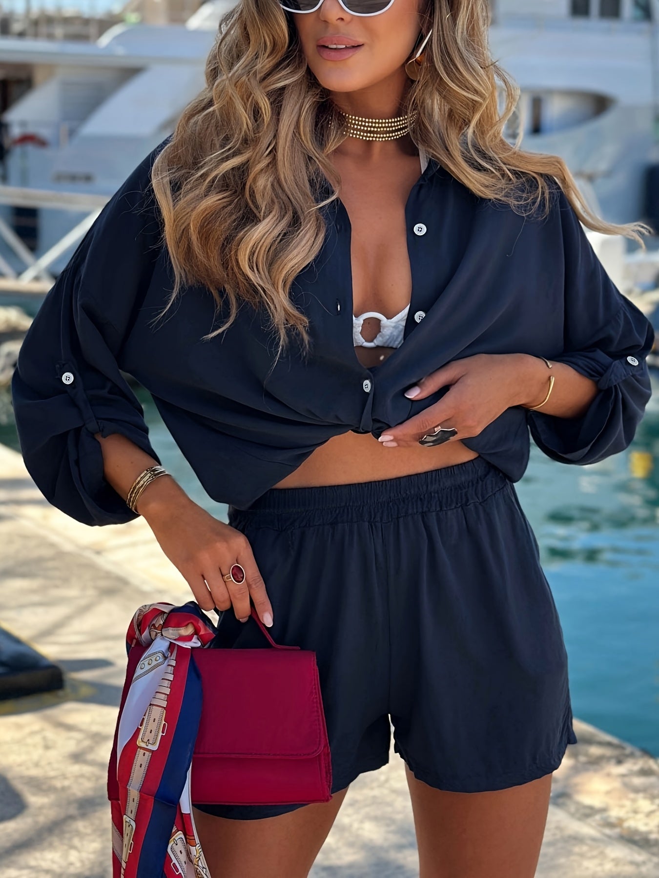 Women's Elegant Satin Long-Sleeve Shirt & Shorts Set for Spring/Fall