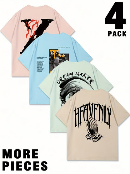 Set of 4 Men'S Graphic T-Shirts - Featuring Designs Like 'Heavenly', Casual Round Neck Short Sleeves Made of Lightweight Polyester, Perfect for Summer Outdoor Wear, a Great Gift for Family.