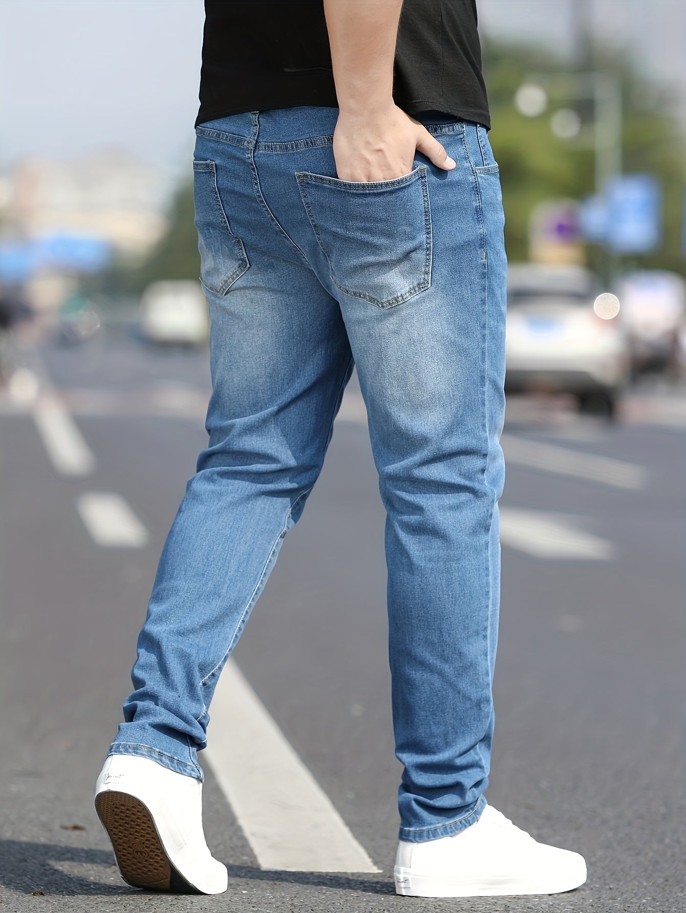 Men's Washed Jeans - Solid Color Casual Straight-Look Pants, Machine-Washable All-Season Fit for Casual Attire & Smart-Casual Outfits (Regular Length) - ayq