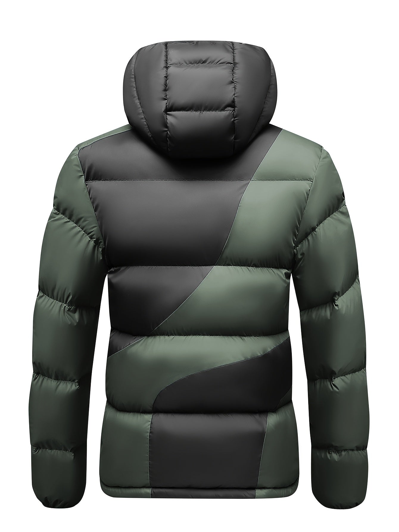 Men's Insulated Winter Jacket with Removable Hood & Thickened Lining - Dark Green/Black Color-Block Design, Zippered Pockets, Full-Zip Closure, Polyester Shell & Insulation for Casual Outdoor & Casual Attire - Cold Weather Co