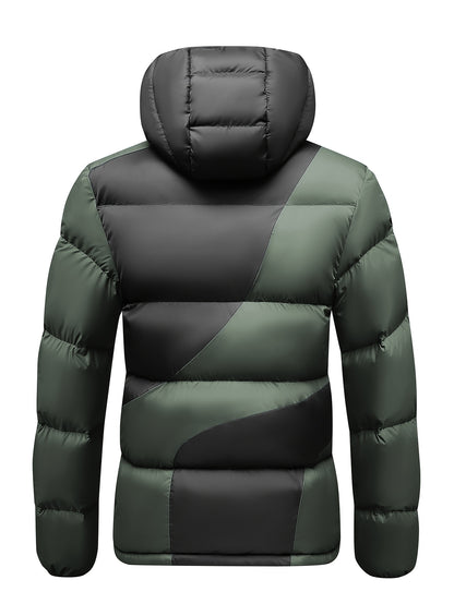 Men's Insulated Winter Jacket with Removable Hood & Thickened Lining - Dark Green/Black Color-Block Design, Zippered Pockets, Full-Zip Closure, Polyester Shell & Insulation for Casual Outdoor & Casual Attire - Cold Weather Co
