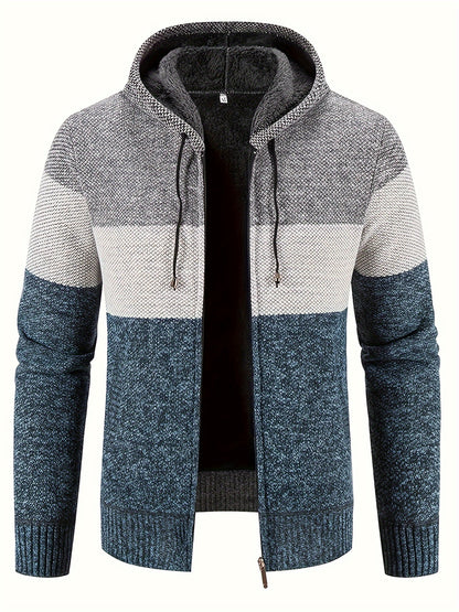 Men'S Fleece-Lined Hooded Sweater | 100% Polyester Knit | Mature Style | Striped Pattern | Long Sleeve | Regular Fit Hoodie with Medium Stretch Fabric | Casual Autumn & Winter Outerwear