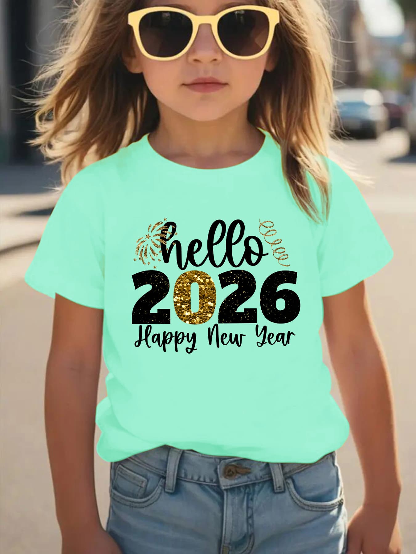 Girls' 2026 New Year T-Shirt - Hello 2026 Happy New Year Graphic Tee with Golden Number 2026, Heart, & Golden Lettering - Lightweight Summer Top for Birthday Party, Girls Clothes