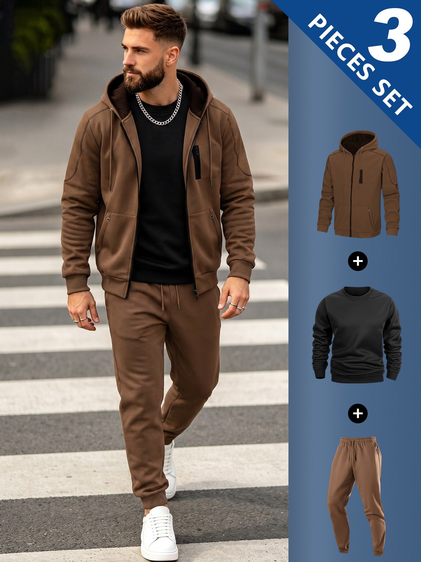 Men's Casual 3-Piece Set: Hooded Jacket, Sweatshirt & Joggers