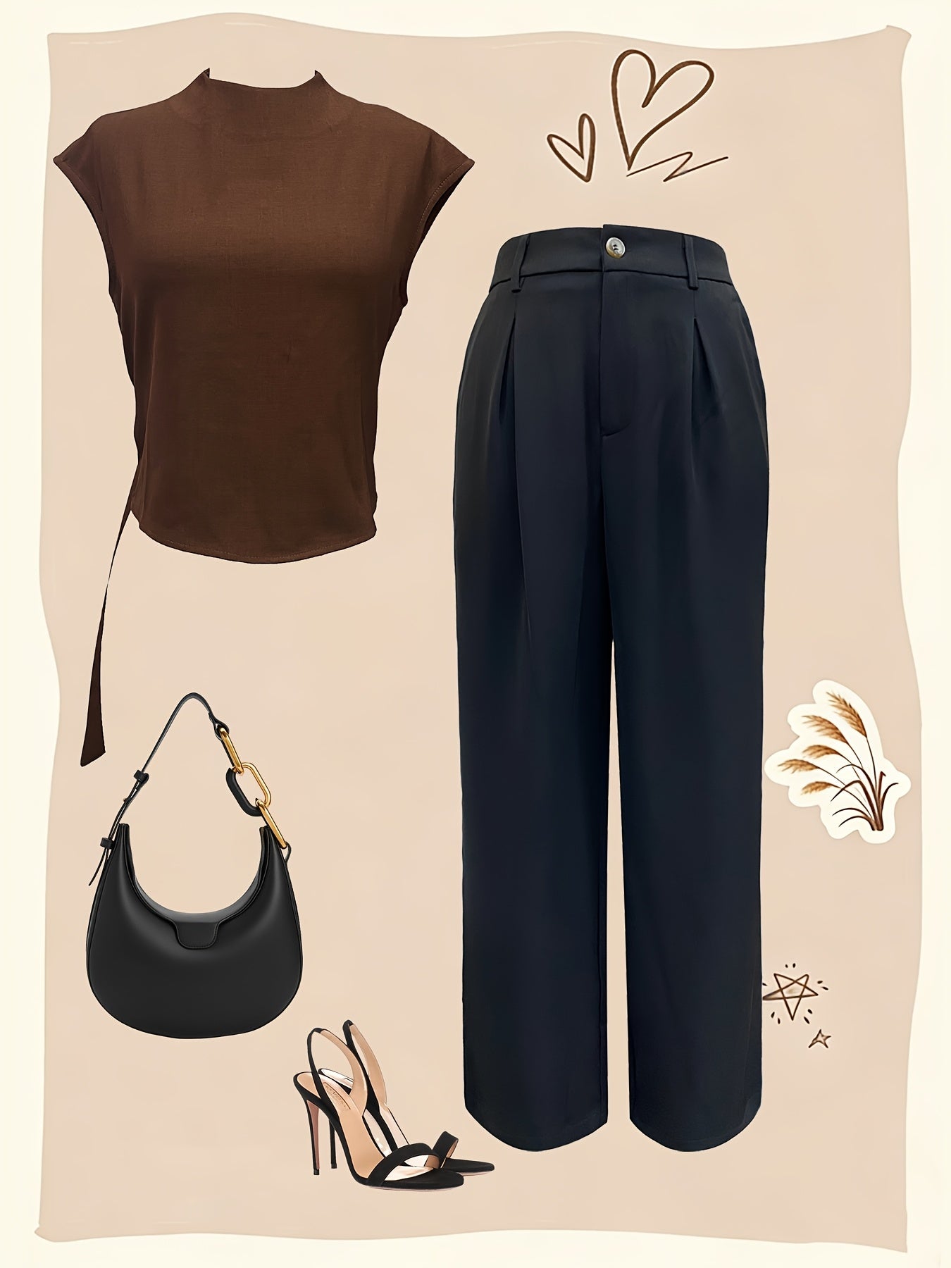 A Women'S Outfit Consisting of a Top And Straight-Leg Pants, Featuring a Half-High Collar, Short Sleeves, a Fitted Waist with a Wavy Buckle, Paired with a Tailored Narrow-Leg Wide Pant That Creates a Effect And an Elegant Dra - ayq