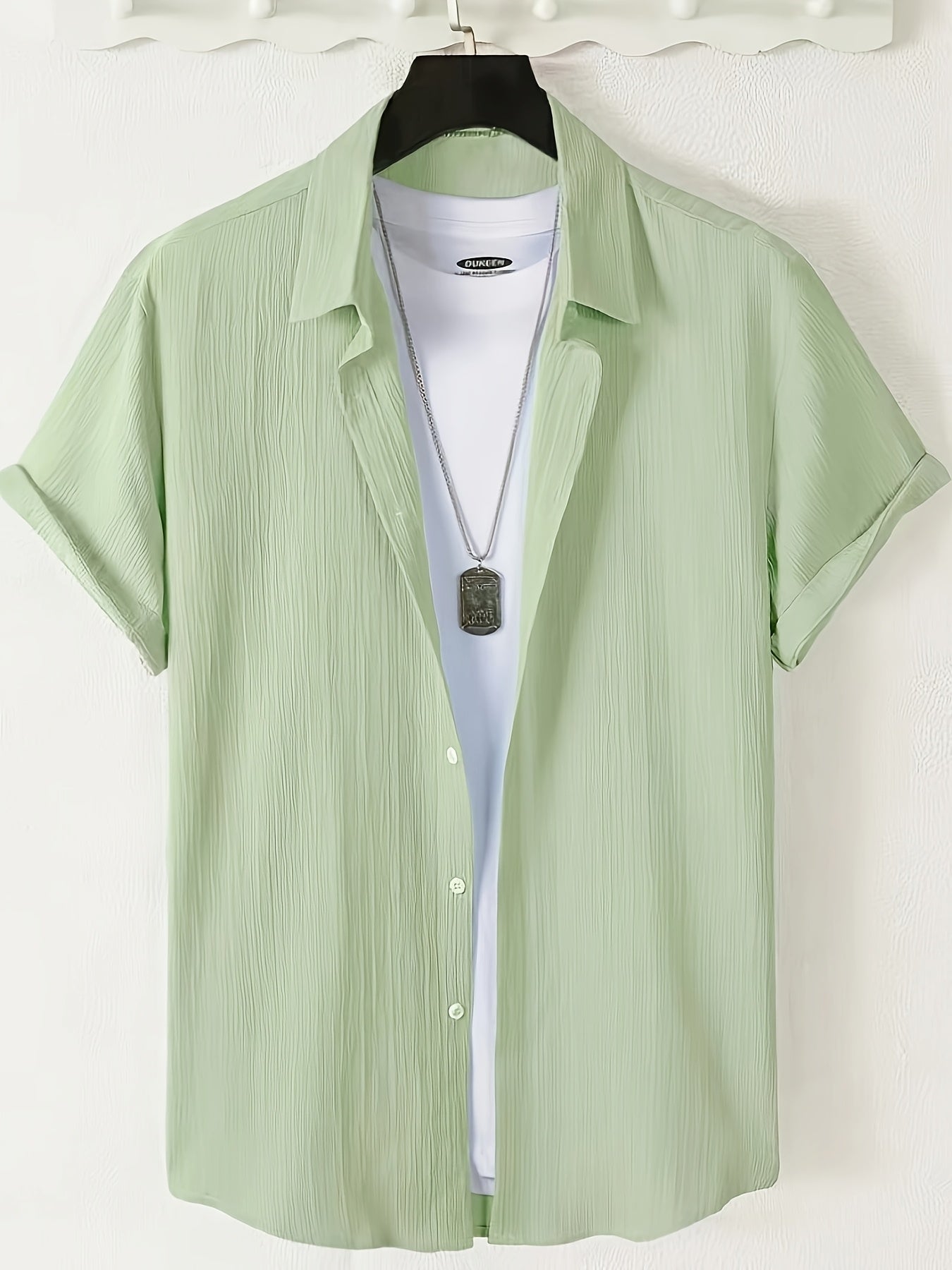 Men's Casual Button-Front Shirt with Lapel Collar, Lightweight Polyest
