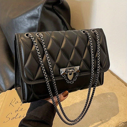 Կանացի սև վանդակավոր, խաչաձև պայուսակ, նորաձև, շղթայական ժապավենով ուսի պայուսակ, սառը սեղմված կարվածքով, բացվող կափարիչով, PVC-ով պատված սինթետիկ կաշվե ձեռքի պայուսակ, հարմար է կանանց համար - Քաղաքային ոճ