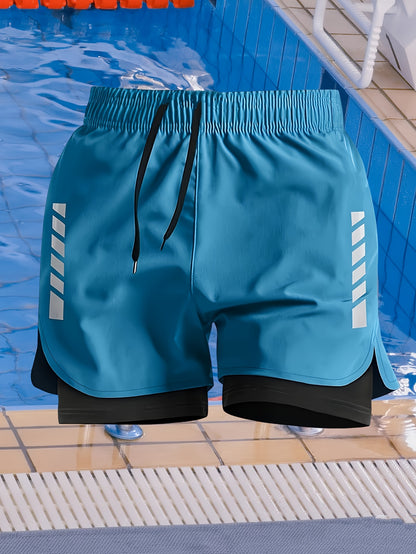 Men's Skinny Double-Layer Swim Trunks with Stripes for Summer Fitness