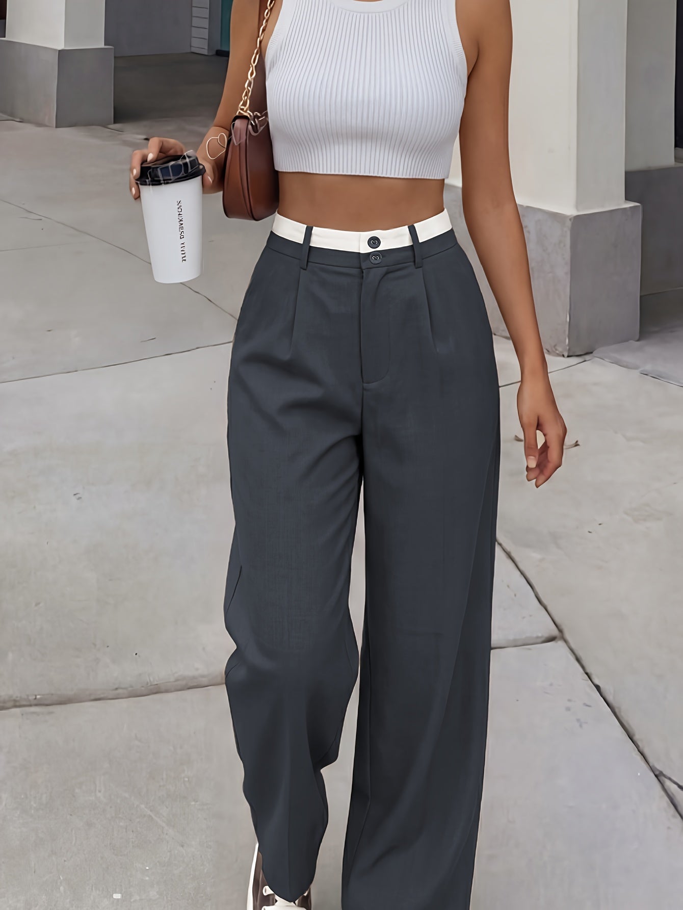 Women’s Retro High-Waisted Color-Block Casual Suit Pants