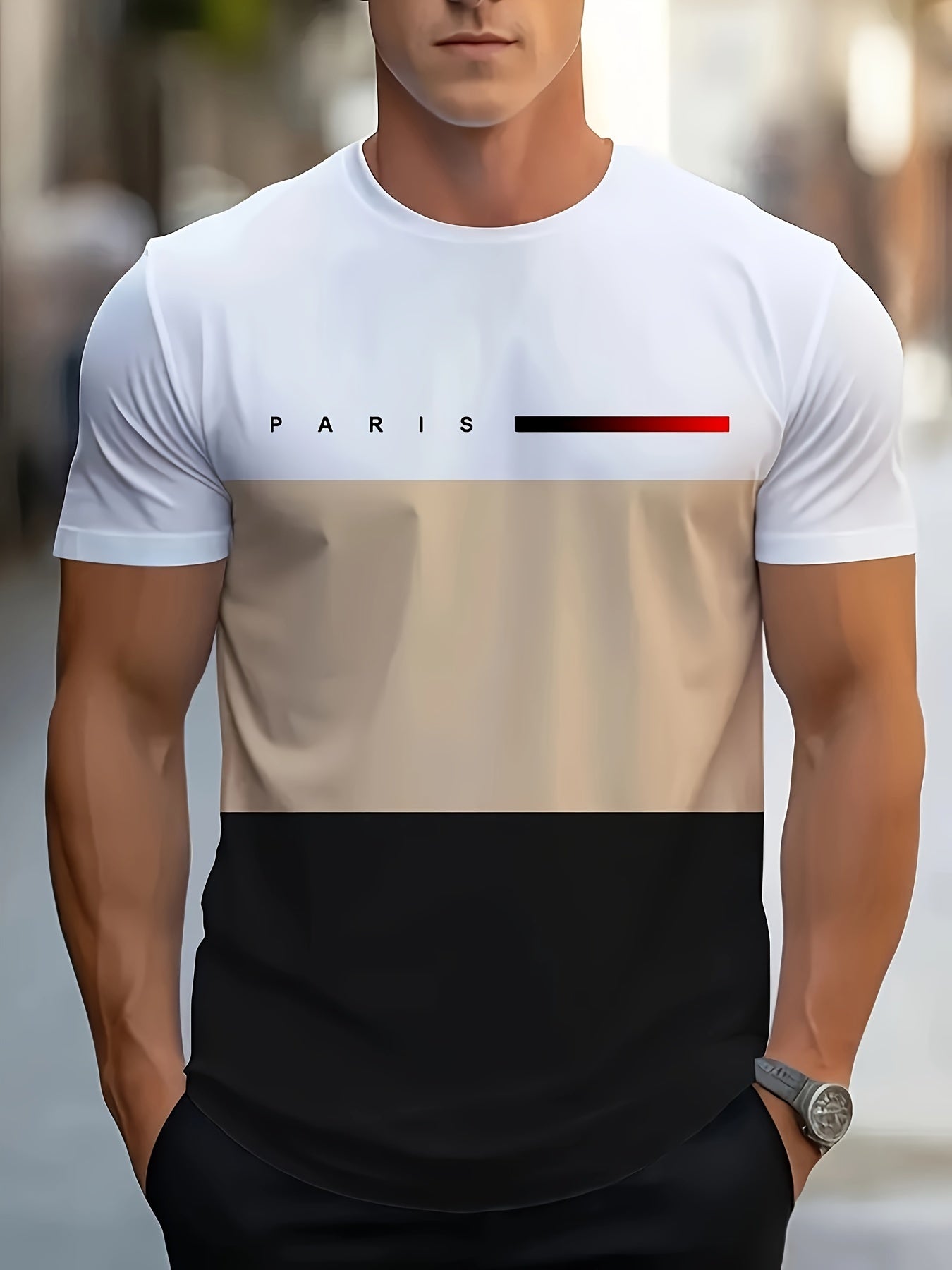Men's Casual Crew Neck T-Shirt with Paris Print, Short Sleeve Knit Polyester Blend Top for Spring/Summer Outdoor Activities, Tee Shirts