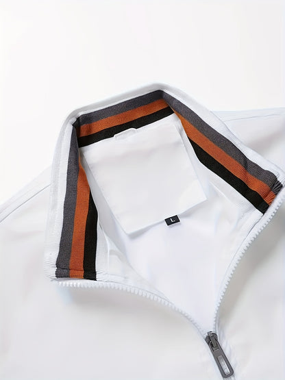 Lightweight And Trendy Men's Long Sleeve Zipper Jacket With Stand Collar, Pockets And Stripe Pattern Pieces, Suitable For Spring And Autumn Outdoors Activities