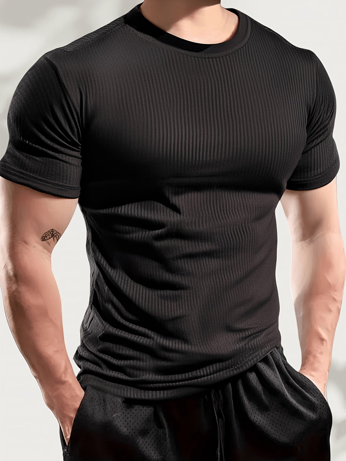 Men'S Fitted Ribbed Short-Sleeve Quick-Dry T-Shirt - Made from Breathable And Spandex Blend, Round Neck, Machine Washable - Suitable for Fitness And Casual Summer Wear, Sports T-Shirt | Round Neck Shirt | High-Elastic Fabric - ayq