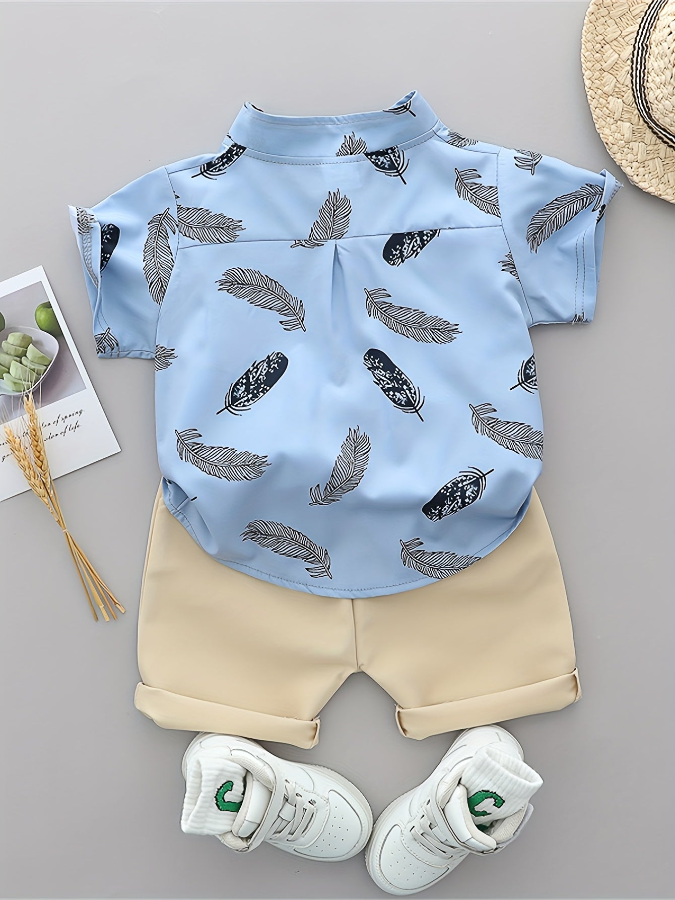 Infant Toddler Summer Feather Print Shirt and Shorts Set