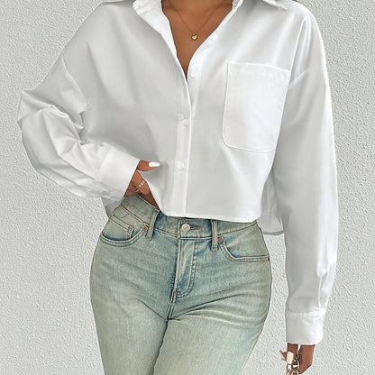 Elegant Women'S Solid Color Short Blouse with Front Pocket, 100% Polyester Woven Shirt, Versatile All-Season Top with Collared Neckline and Button-Up Closure