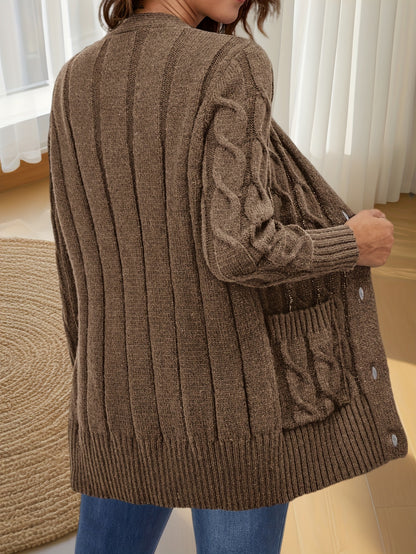 Elegant Women's Cable-Knit Cardigan - Cozy Button-Up V-Neck Sweater Jacket with Pockets, Long Sleeves in Heather Gray, 100% Polyester, Machine Washable for Fall/Winter