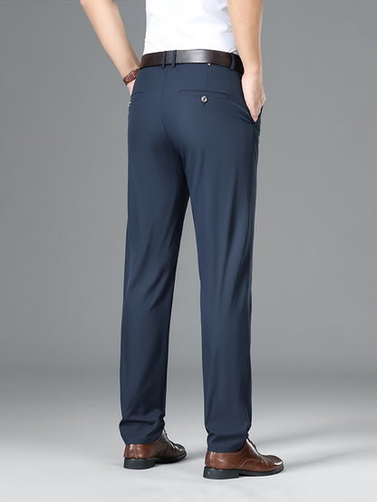 Men's Lightweight Summer Casual Pants, Slim Straight Fit, Polyester, Mid-Rise, Built-in Zipper, Regular Length - Ideal for Casual Attire