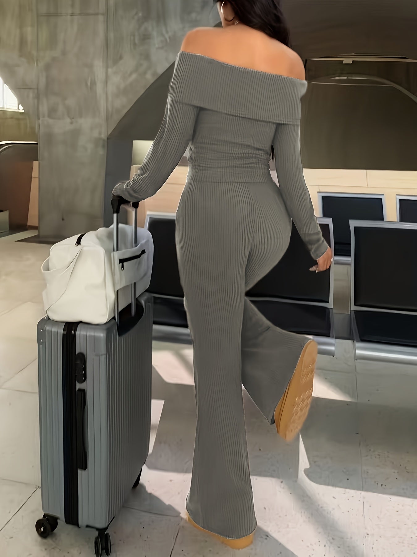 Autumn And Winter Solid Color Two-Piece Set, Sexy Off-The-Shoulder Top + Wide-Leg Flared Pants Suit, Elastic And Soft Ribbed Fabric, Machine Washable