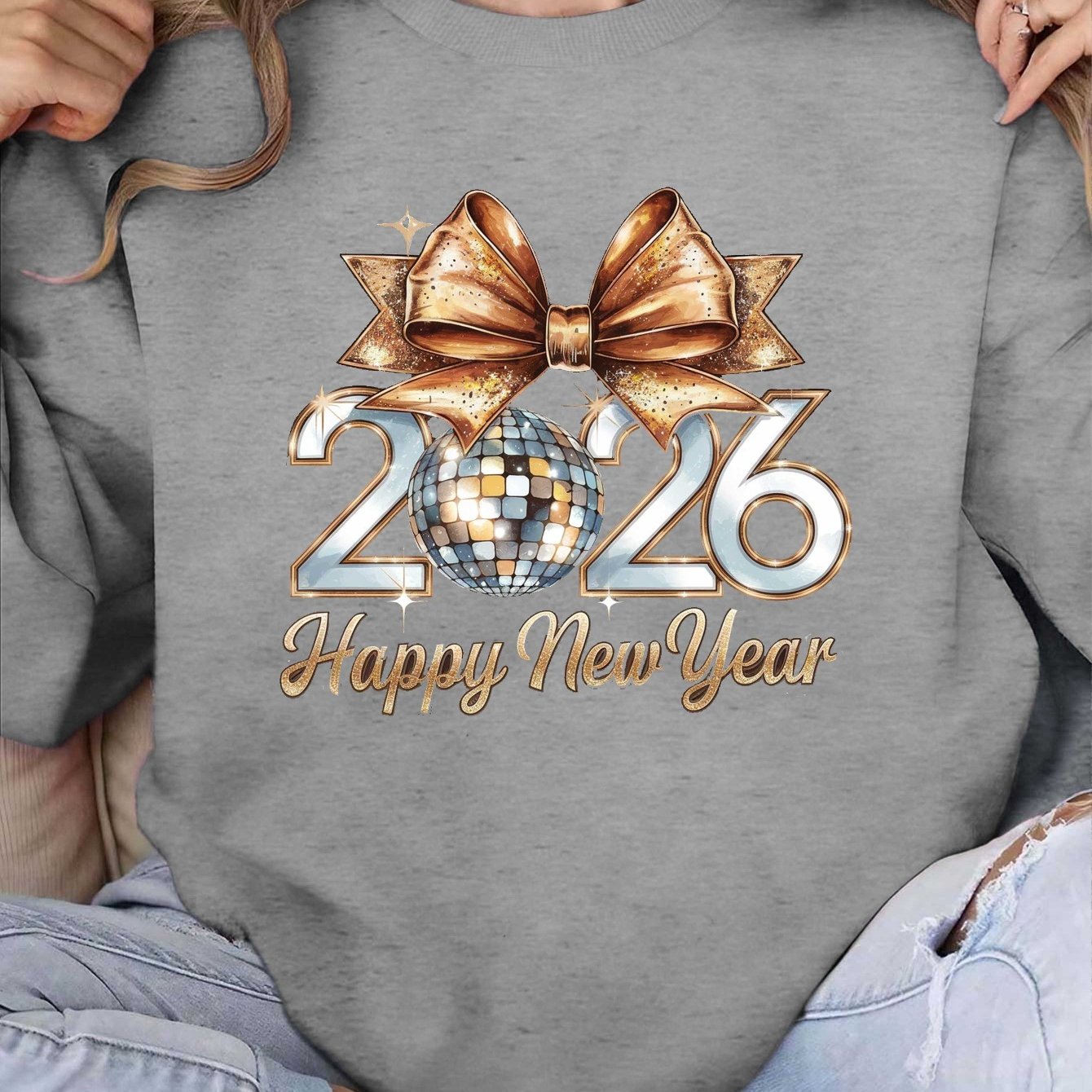 Women'S 2026 Happy New Year Disco Ball Sweatshirt - Black with Golden Glitter & Bow Graphic, Cozy Round Neck Long Sleeve Casual Pullover for Winter, Festive Party Outfit & Casual Attire, New Year Shirt, Yorkshire Terrier Swea