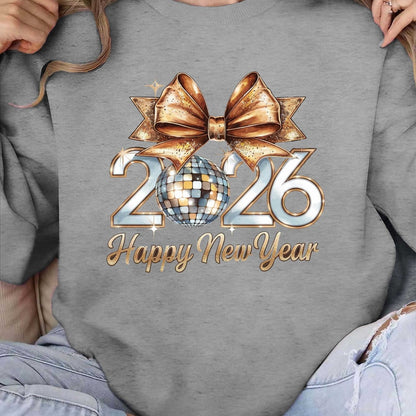 Women'S 2026 Happy New Year Disco Ball Sweatshirt - Black with Golden Glitter & Bow Graphic, Cozy Round Neck Long Sleeve Casual Pullover for Winter, Festive Party Outfit & Casual Attire, New Year Shirt, Yorkshire Terrier Swea