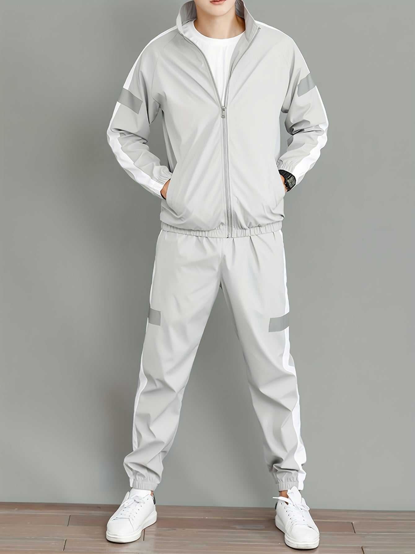 Men's Casual Polyester Jacket and Joggers Set for Spring & Fall