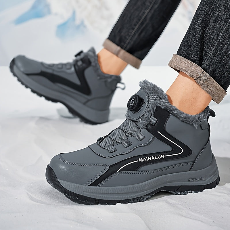 MAINALUN Men's Heavy-Duty Winter Snow Boots with Rotating Buckle Closure, PU Upper & PVC Sole - Thick Plush Lining, Warm Short Ankle Boots for Ice, Snow, Slush, Work, Outdoor (Adjustable Strap, Fit)