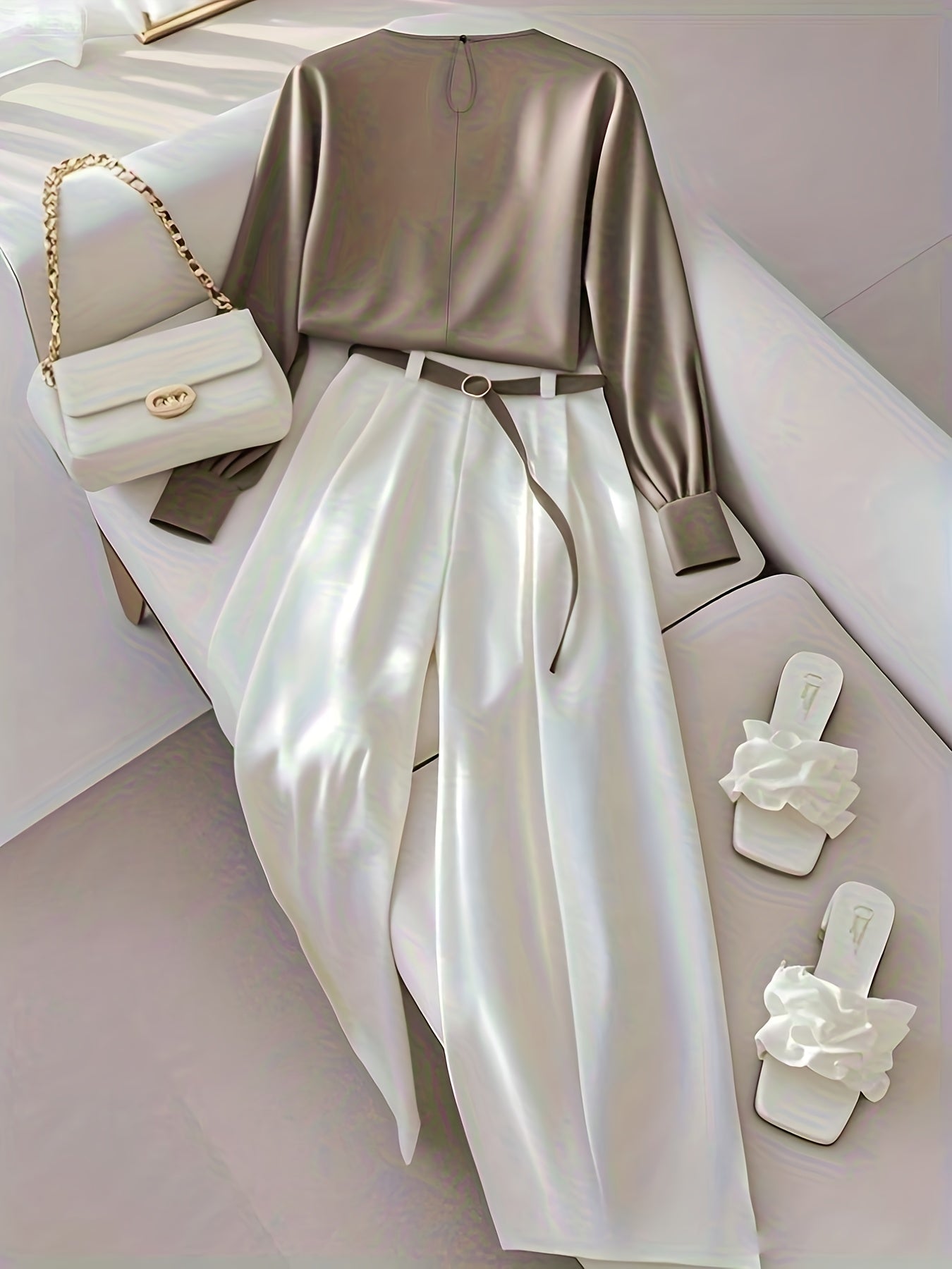 New Women's Elegant Casual Long-Sleeve Shirt + Straight-Leg Pants Set, Belt Not Included [Cherry Bean] - ayq