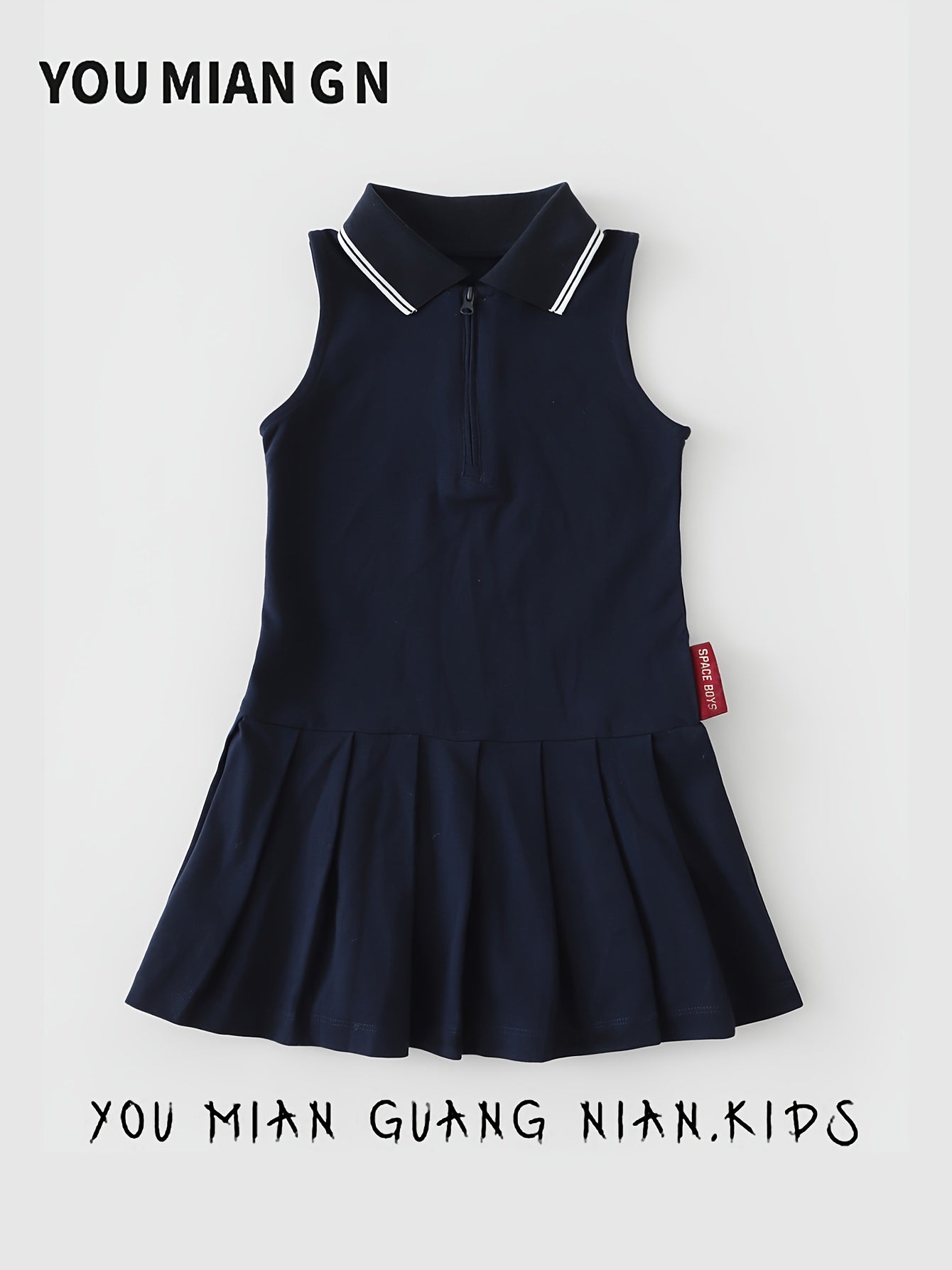 Girls' Sleeveless Polo Tennis Dress with Pleated Skirt, Navy