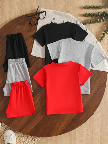 Boys' Summer Casual T-Shirt & Shorts Set, Polyester, 6pcs