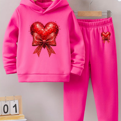 Girls' Autumn and Winter Thickened Hoodie Sports Two-Piece Set, Red Heart Bow Print Hoodie + Pants Outfit, Soft Light Beige-Friendly Fabric, Comfortable Warm Non-Shedding, Suitable for Outdoor Play, School, Holiday Gatherings
