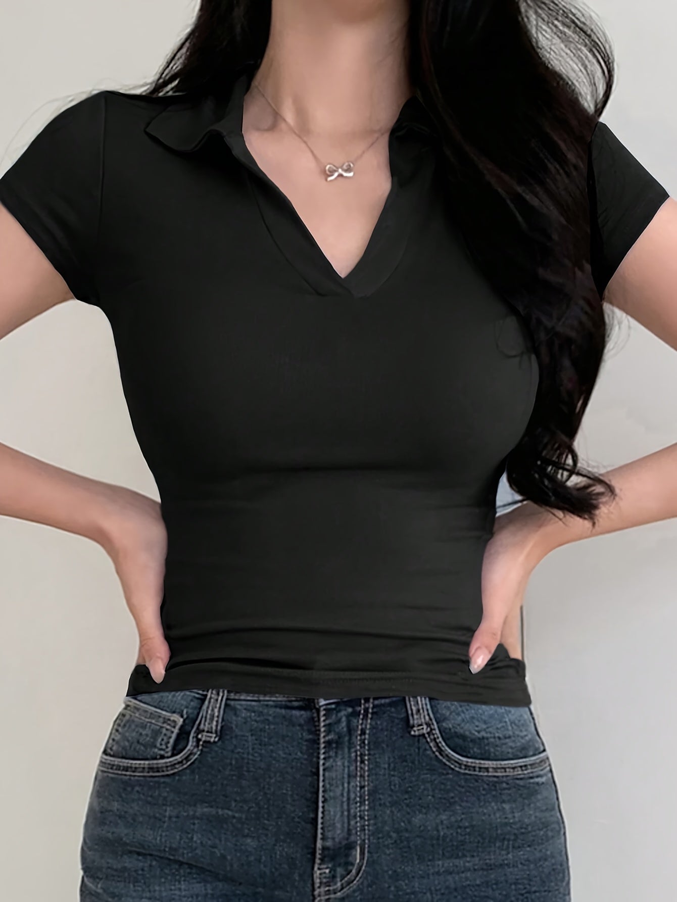 [Sleek Fit] Women's Slim Fit Short Sleeve Shirt - Elegant Black V-Neck Tee, Stretchy Polyester Blend, Machine Washable, Perfect for Spring/Summer/Fall, Short Sleeve Blouses