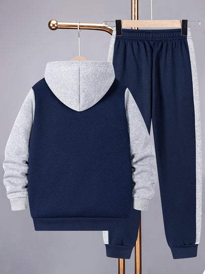 2pcs Boys' Casual Sportswear Set, Fashion Basketball Print Fleece-Lined Zip-Up Hoodie + Pants for Autumn and Winter, Suitable for Daily Wear and Outdoor Activities, Perfect for Outdoor