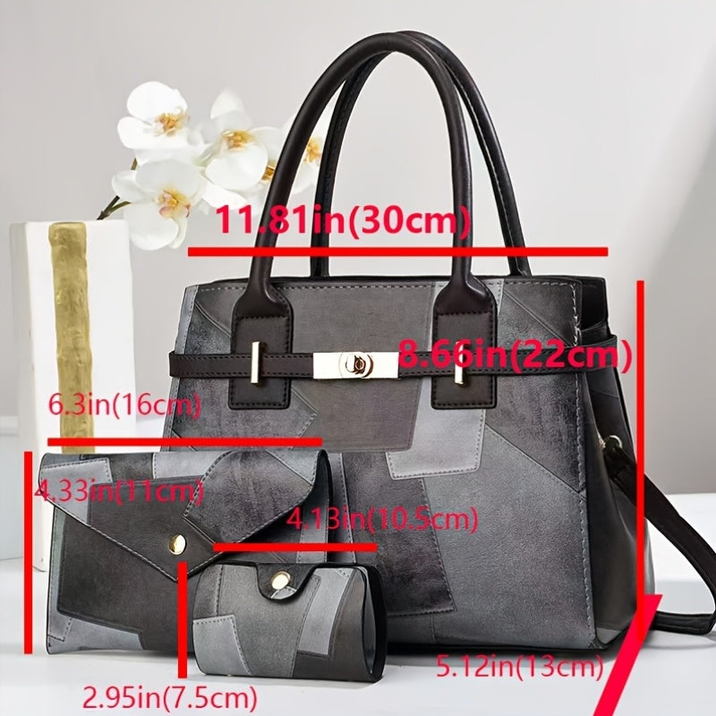 3-Piece Women's Faux Leather Handbag Set with Adjustable Strap