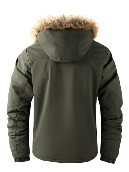 Men'S Heavy-Duty Winter Jacket with Fur-like Hood Collar - Thermal Insulated Cold Weather Coat, Full-Zip Front, Zippered Pockets - Beige/ for Everyday & Formal Outfits - Non-Stretch Outer Shell, Outdoor Outerwear, Casual Styl