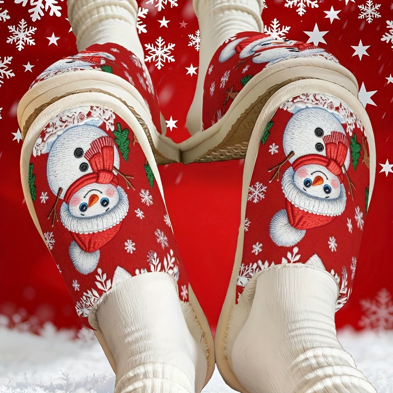 Cozy Fleece-Lined Slip-On Slippers with Snowman & Reindeer Design - Soft Fabric Upper, EVA Sole, Round Toe, Perfect for Fall/Winter, Unisex Couple Matching, Cute Slippers, Winter Footwear, Playful Design, Comfortable Footwear