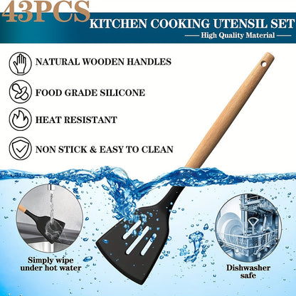 43pcs Non-Stick Cookware Storage Bucket with Wooden Handles, Silicone Kitchen Utensils, Easy-To-Clean Kitchen Tools, Spatula And Spoon Set.
