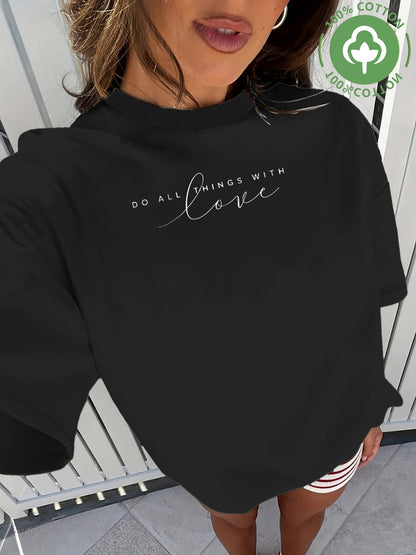 Women's Casual Loose Cotton T-Shirt with Love Lettering Print