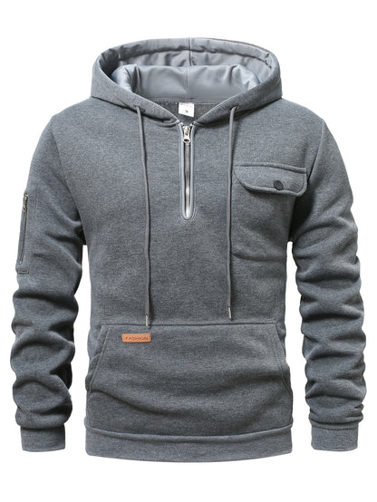 Men'S Minimalist Red & Christmas Tree Print Hooded Sweatshirt - Long Sleeve Casual Pullover with Piping, Regular Fit Winter Warmth for Holiday Parties, Outdoor Activities & Casual Attire, Christmas Sweatshirt, Seasonal Fashio