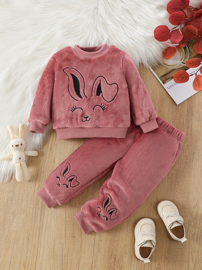 Adorable Cartoon Rabbit Embroidered Two-Piece Set for Youngsters - Soft Coral Fleece Outfit with Matching Pants, Perfect for Fall/Winter Casual Wear, Youngsters'S Playwear|Playful Design|Stretchy Fabric, Youngsters Girl Cloth