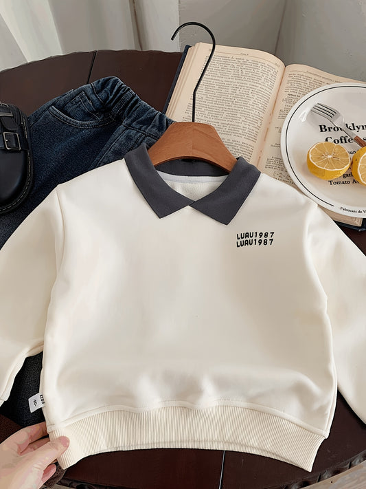Boys' Soft Fleece-Lined Shirt - Casual, Stylish White with Black Collar and Cartoon Letter Print, Long Sleeve, Cotton Blend for Fall/Winter