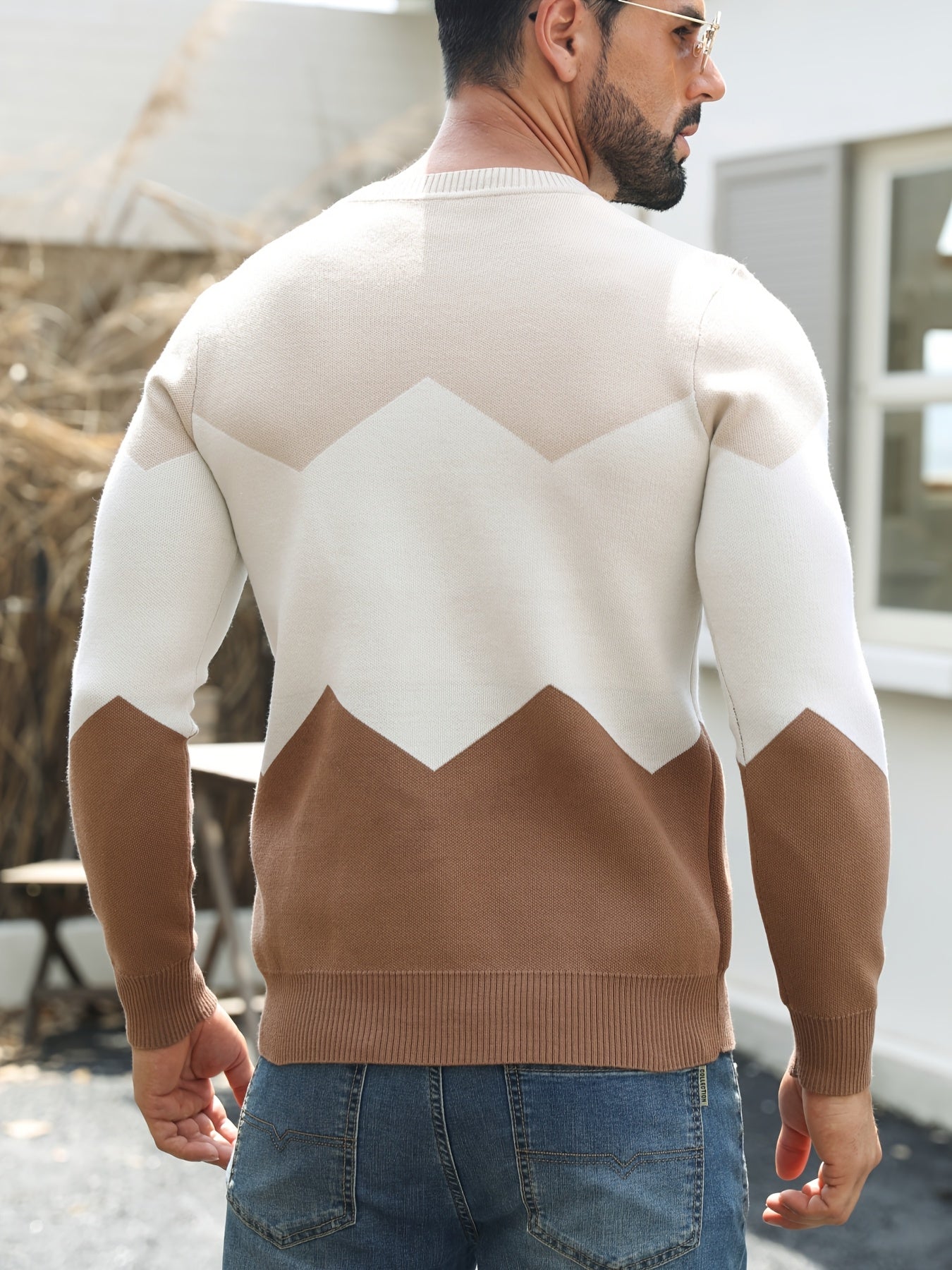 Տղամարդու կլոր վզնոցով սվիտեր աշնանային և ձմեռային համար, առօրյա երկար թևքերով, եռագույն երկրաչափական նախշերով և ժակարդե գործվածքով