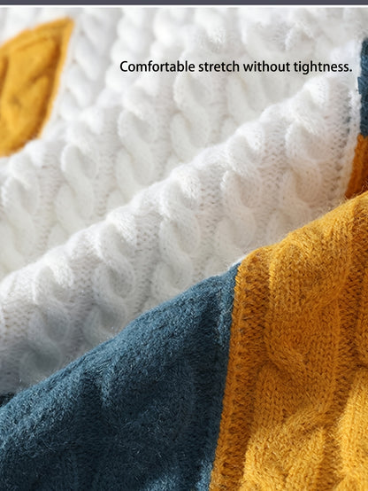 Տղամարդու երկրաչափական գունային բլոկներով տրիկոտաժե սվիտեր - Հանգիստ չափի, ուսերը իջեցրած երկար թևքերով սվիտեր՝ երիզված դետալներով, տաք ձմեռային առօրյա վերնաշապիկ աշնան և ձմռան համար, տրիկոտաժե սվիտեր, աշնանային զգեստապահարան, հարմարավետ հագուստ