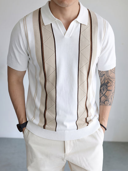 Men's Breathable Knit Short Sleeve Shirt with Stripe Color Block