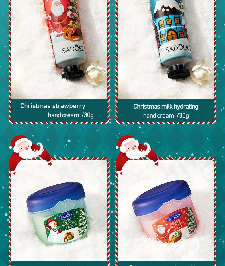 8pcs SADOER Christmas Hand Cream & Lip Balm Gift Set - Moisturizing, Softening, Brightening, and Dry Light Care with Glycerin, Hyaluronic Acid, and Plant-Based Squalane - Ideal for All Light Types, Festive Holiday Packaging,