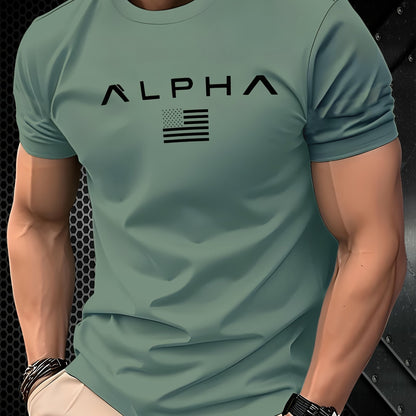 Տղամարդկանց ALPHA Graphic շապիկ՝ հարմարավետ և բազմակողմանի, բաց կանաչ վզով կարճաթև թիկնոց ԱՄՆ դրոշի ներշնչված տպագրությամբ, պոլիեսթեր խառնուրդ, իդեալական ամառ