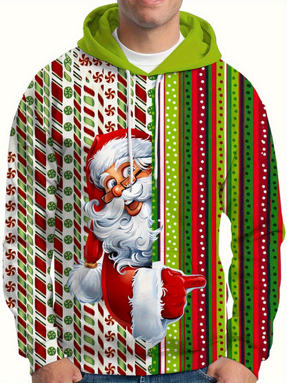 Plus Size Men's Funny Christmas Hoodie- Festive Santa Claus& Snowflake Print, Red& White Holiday Sweatshirt with Pockets, Casual Long Sleeve Pullover for Fall& Winter, Perfect Christmas Gift, Christmas Clothes, PLUS SIZE