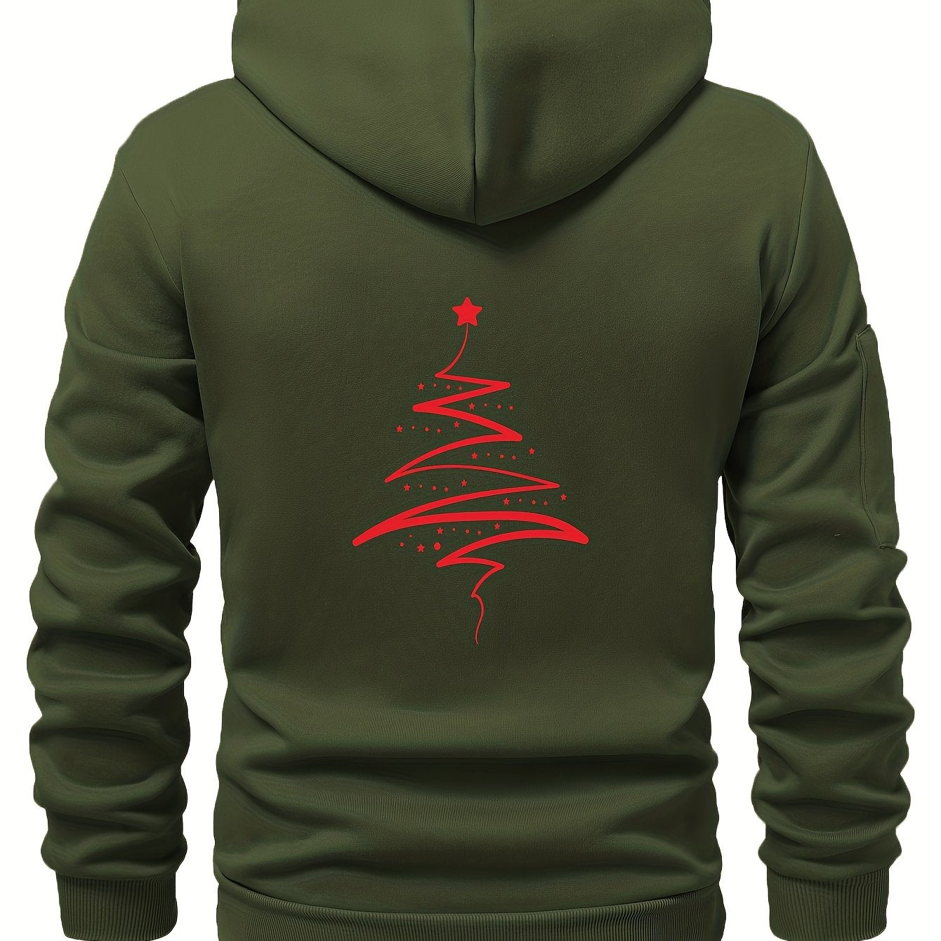Men'S Minimalist Red & Christmas Tree Print Hooded Sweatshirt - Long Sleeve Casual Pullover with Piping, Regular Fit Winter Warmth for Holiday Parties, Outdoor Activities & Casual Attire, Christmas Sweatshirt, Seasonal Fashio