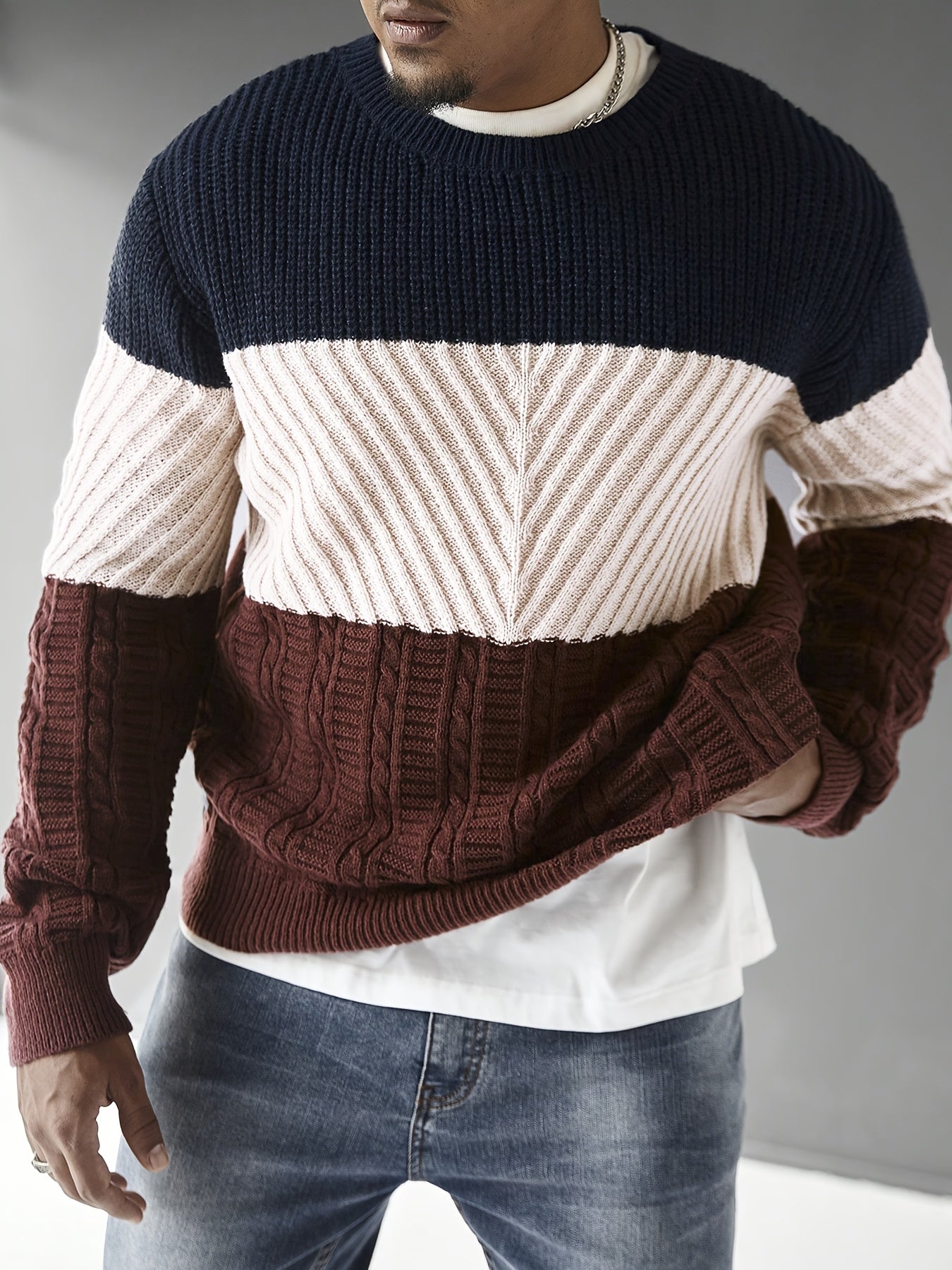 Men's Fashion Color-Block Striped Crew Neck Long Sleeve Casual Pullover, Trendy Elastic Warm Knitwear for Winter Outdoor Activities